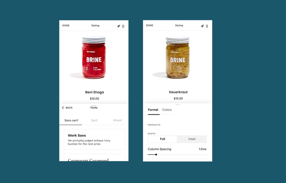 Zwei mobile Screenshots nebeneinander, die Stil-Optionen für eine Produktseite zeigen, auf der ein Glas Beni Shoga und ein Glas Sauerkraut verkauft werden, vor einem dunklen blau-grünen Hintergrund